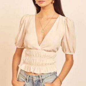 Reformation Josie Smocked Peplum Top - Cream